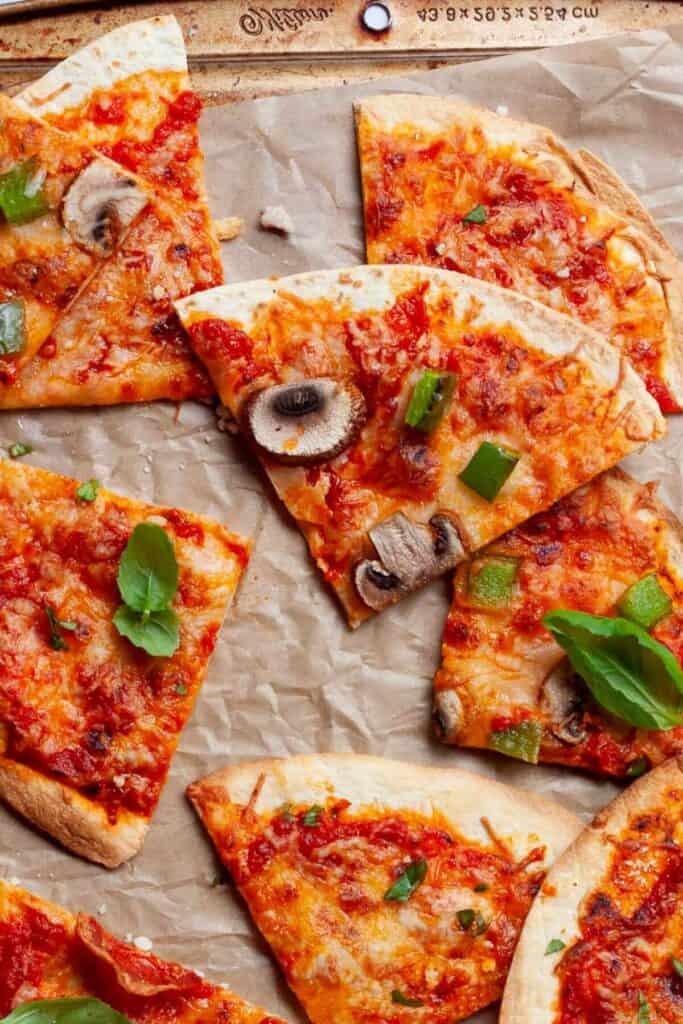 air fryer tortilla pizza slices with mushroom and peppers
